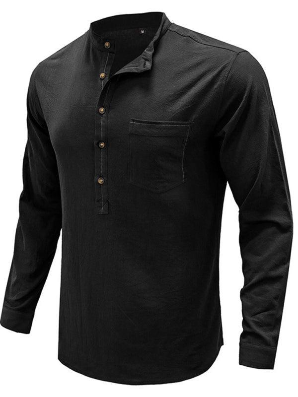 Men's woven solid color long-sleeved cotton and linen shirt - 808Lush