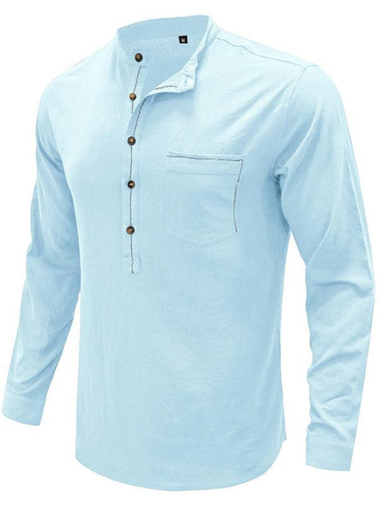 Men's woven solid color long-sleeved cotton and linen shirt - 808Lush