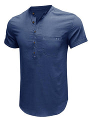 Men's woven solid color short-sleeved cotton and linen shirt - 808Lush
