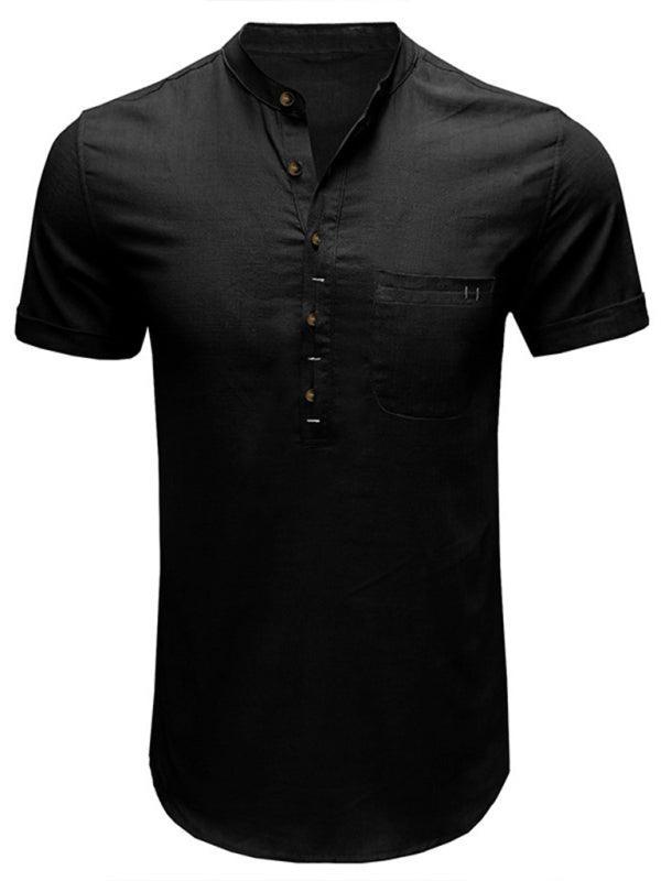 Men's woven solid color short-sleeved cotton and linen shirt - 808Lush