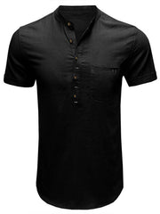 Men's woven solid color short-sleeved cotton and linen shirt - 808Lush