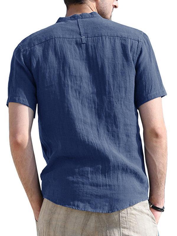 Men's woven solid color short-sleeved cotton and linen shirt - 808Lush