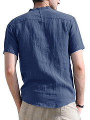 Men's woven solid color short-sleeved cotton and linen shirt - 808Lush
