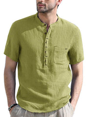 Men's woven solid color short-sleeved cotton and linen shirt - 808Lush