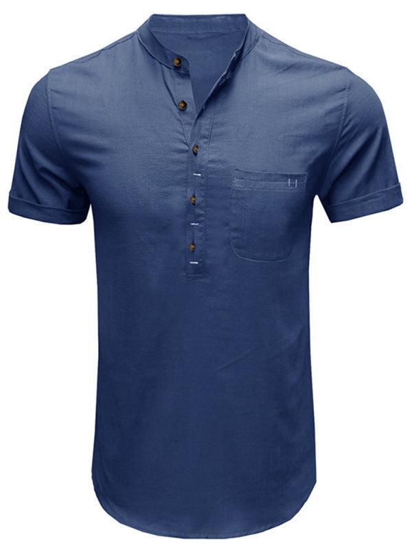 Men's woven solid color short-sleeved cotton and linen shirt - 808Lush