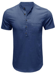 Men's woven solid color short-sleeved cotton and linen shirt - 808Lush