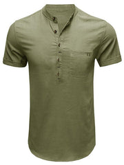 Men's woven solid color short-sleeved cotton and linen shirt - 808Lush