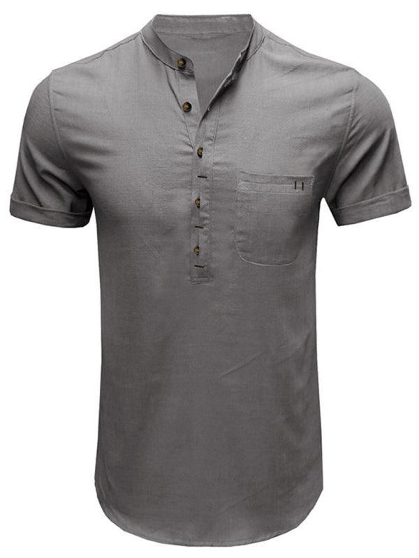 Men's woven solid color short-sleeved cotton and linen shirt - 808Lush