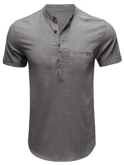 Men's woven solid color short-sleeved cotton and linen shirt - 808Lush