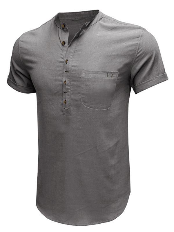 Men's woven solid color short-sleeved cotton and linen shirt - 808Lush