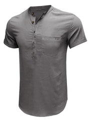 Men's woven solid color short-sleeved cotton and linen shirt - 808Lush