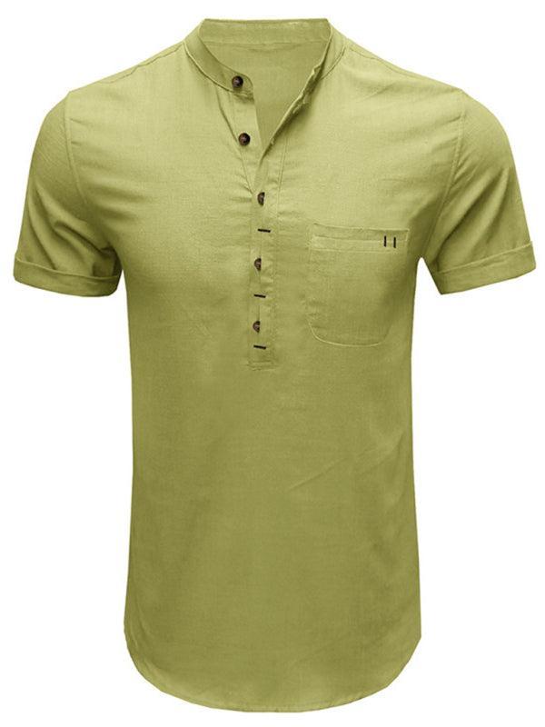 Men's woven solid color short-sleeved cotton and linen shirt - 808Lush