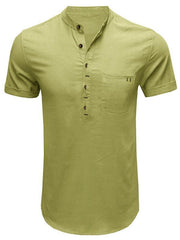 Men's woven solid color short-sleeved cotton and linen shirt - 808Lush