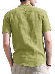 Men's woven solid color short-sleeved cotton and linen shirt - 808Lush