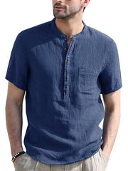 Men's woven solid color short-sleeved cotton and linen shirt - 808Lush
