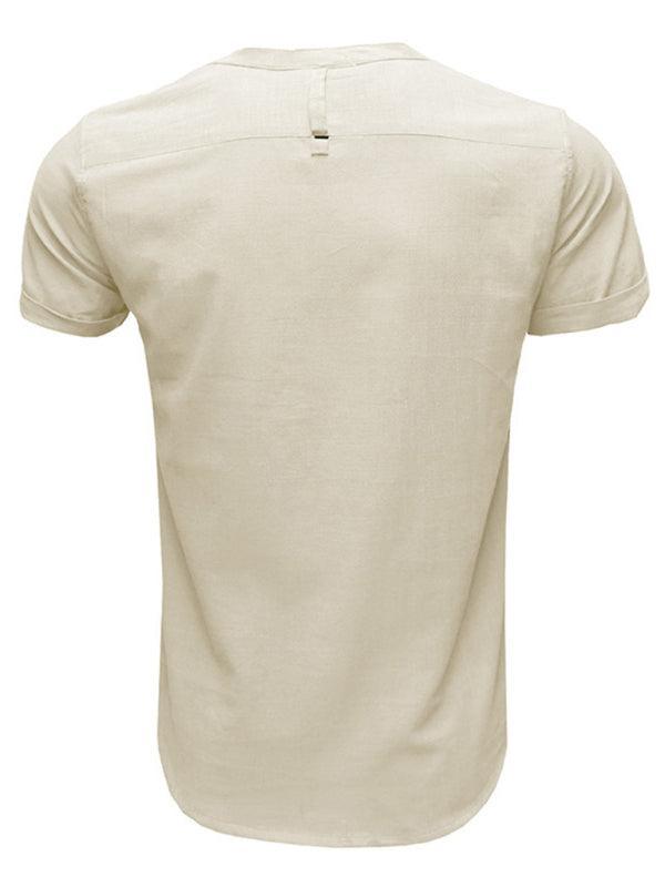 Men's woven solid color short-sleeved cotton and linen shirt - 808Lush