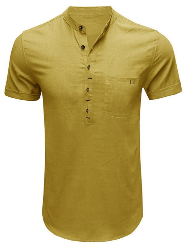Men's woven solid color short-sleeved cotton and linen shirt - 808Lush