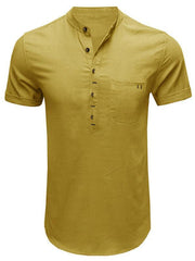 Men's woven solid color short-sleeved cotton and linen shirt - 808Lush