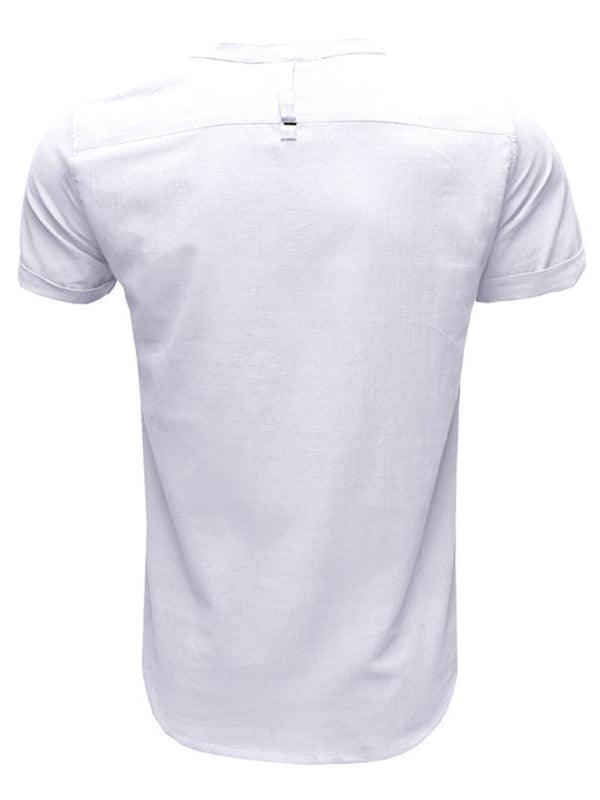 Men's woven solid color short-sleeved cotton and linen shirt - 808Lush