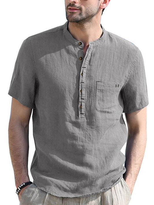 Men's woven solid color short-sleeved cotton and linen shirt - 808Lush