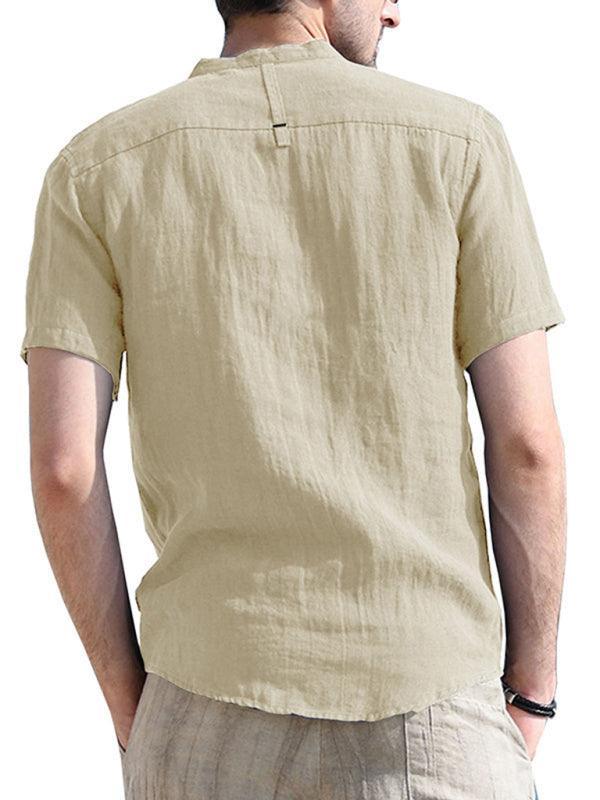 Men's woven solid color short-sleeved cotton and linen shirt - 808Lush
