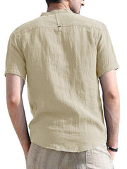 Men's woven solid color short-sleeved cotton and linen shirt - 808Lush