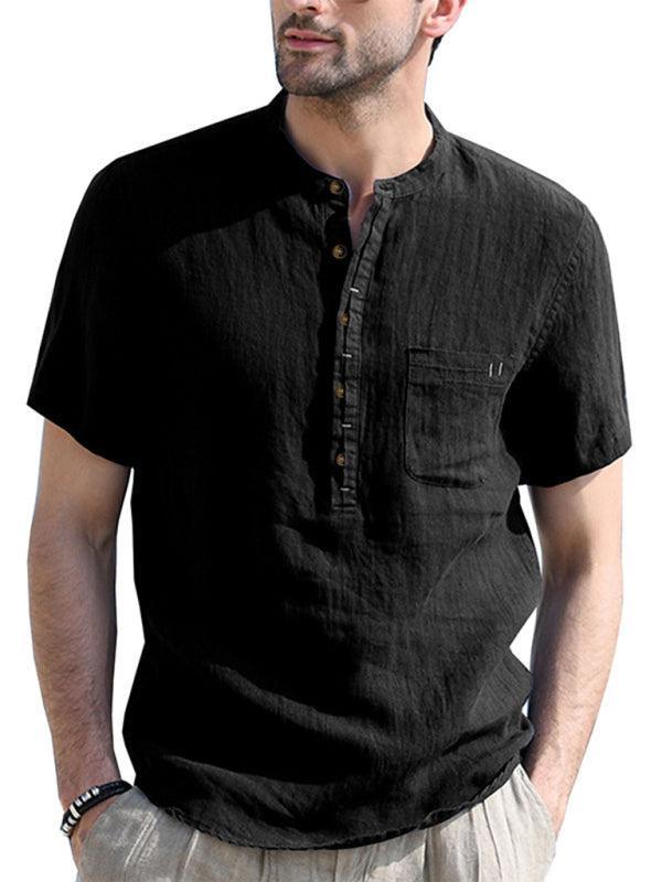 Men's woven solid color short-sleeved cotton and linen shirt - 808Lush
