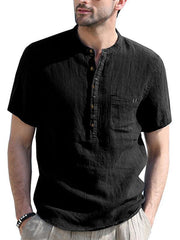 Men's woven solid color short-sleeved cotton and linen shirt - 808Lush