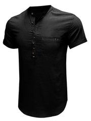 Men's woven solid color short-sleeved cotton and linen shirt - 808Lush