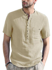 Men's woven solid color short-sleeved cotton and linen shirt - 808Lush