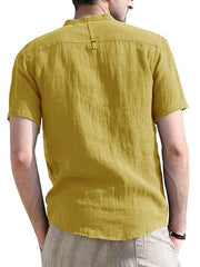 Men's woven solid color short-sleeved cotton and linen shirt - 808Lush