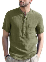 Men's woven solid color short-sleeved cotton and linen shirt - 808Lush
