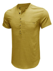 Men's woven solid color short-sleeved cotton and linen shirt - 808Lush