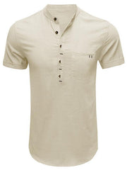 Men's woven solid color short-sleeved cotton and linen shirt - 808Lush