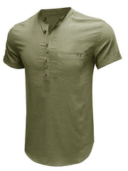 Men's woven solid color short-sleeved cotton and linen shirt - 808Lush