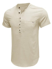 Men's woven solid color short-sleeved cotton and linen shirt - 808Lush