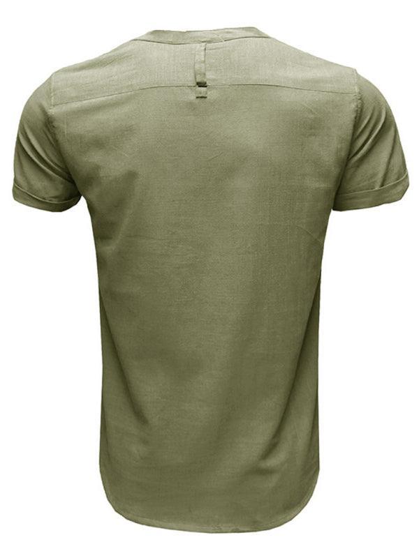 Men's woven solid color short-sleeved cotton and linen shirt - 808Lush