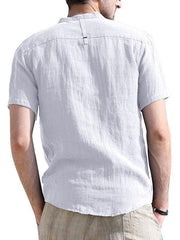 Men's woven solid color short-sleeved cotton and linen shirt - 808Lush