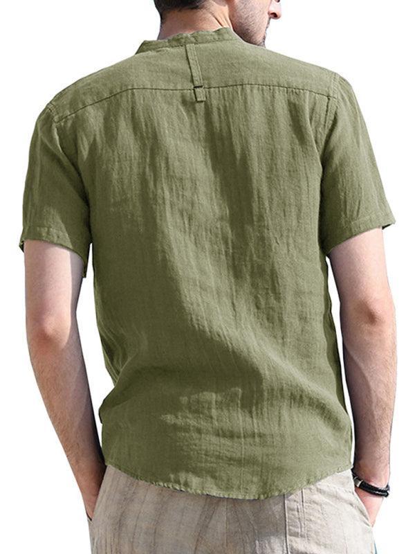 Men's woven solid color short-sleeved cotton and linen shirt - 808Lush