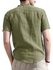 Men's woven solid color short-sleeved cotton and linen shirt - 808Lush