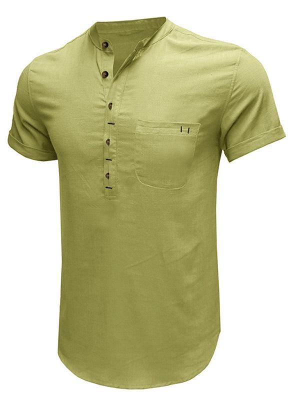 Men's woven solid color short-sleeved cotton and linen shirt - 808Lush