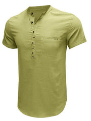 Men's woven solid color short-sleeved cotton and linen shirt - 808Lush