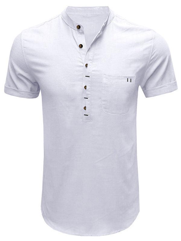 Men's woven solid color short-sleeved cotton and linen shirt - 808Lush