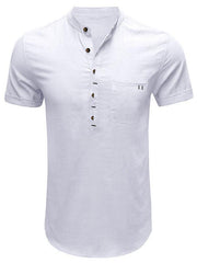 Men's woven solid color short-sleeved cotton and linen shirt - 808Lush