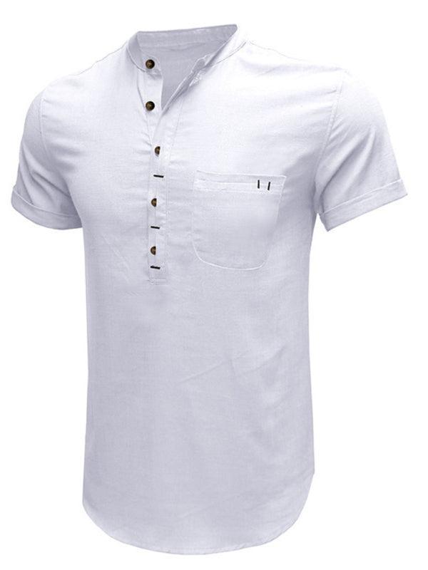 Men's woven solid color short-sleeved cotton and linen shirt - 808Lush