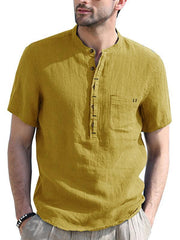 Men's woven solid color short-sleeved cotton and linen shirt - 808Lush