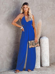 Midsummer street trendy ladies solid color U-neck suspenders backless jumpsuit wide-leg casual pants - 808Lush