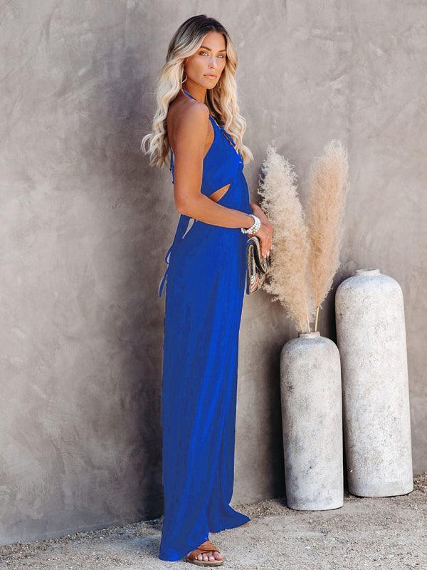 Midsummer street trendy ladies solid color U-neck suspenders backless jumpsuit wide-leg casual pants - 808Lush