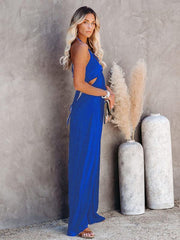 Midsummer street trendy ladies solid color U-neck suspenders backless jumpsuit wide-leg casual pants - 808Lush