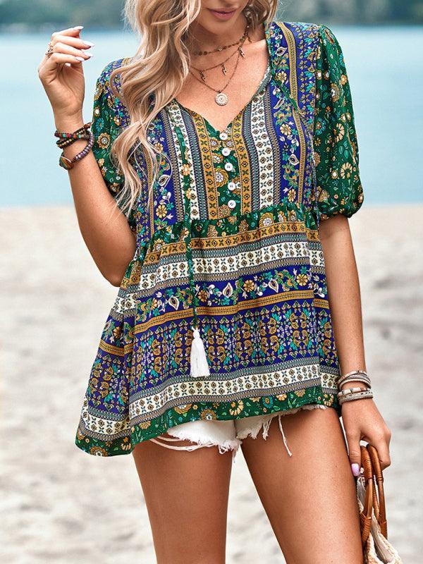 Ladies Casual Bohemian Printed Shirt Top - 808Lush